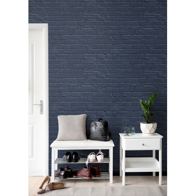 Papier peint contemporain 3D imitation brique rustique vieillie, bleu marine ardoise, style loft