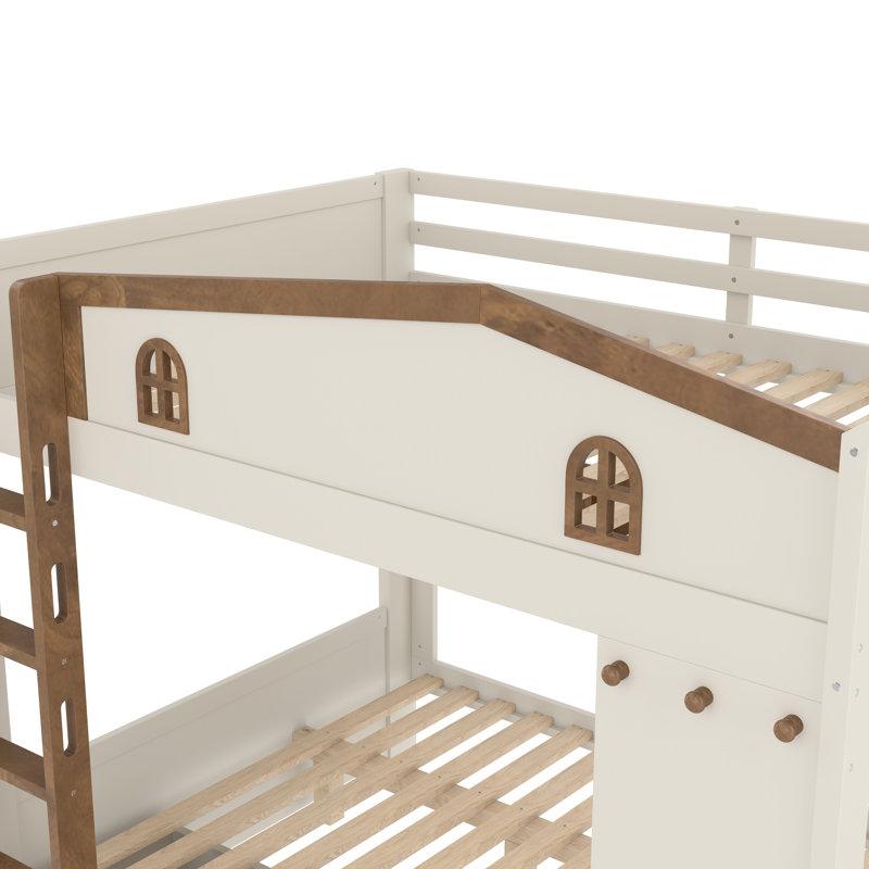 Queen Over Queen Solid Wood Bunk Bed with Storage Drawers, Shelves and Hooks, Beige, Queen Over Queen
