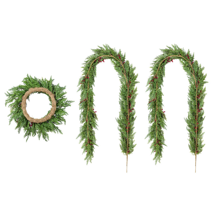 3-Piece 24"D Christmas Greenery PE Dripping Cedar Wreath And 9Ft Garland Set