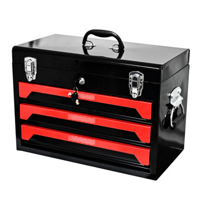 Coffre à outils 20 po à 3 tiroirs en métal, noir et rouge, glissière à roulement, loquet, boîte de rangement en acier pratique, portable, solution robuste
