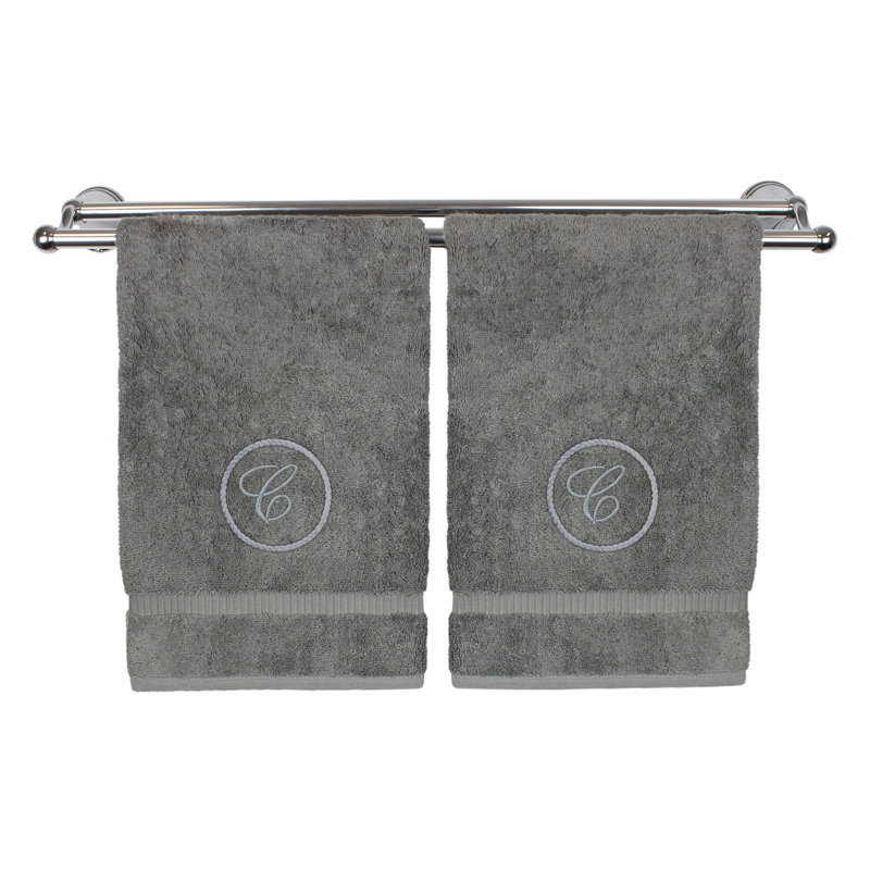 Essuie-mains monogramme - ensemble de 2 - lettre à motif circulaire, Gris / Argent, C
