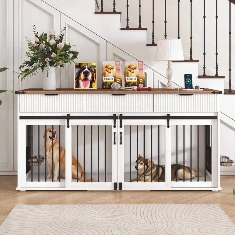Meuble double cage pour chien avec 3 tiroirs cannelés, Blanc/noyer