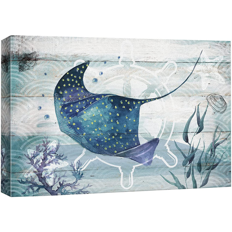 Marine Animal " Stingray Under The Sea With Starfish Amphibians Beach ", 24" H x 36" W x 1.5" D