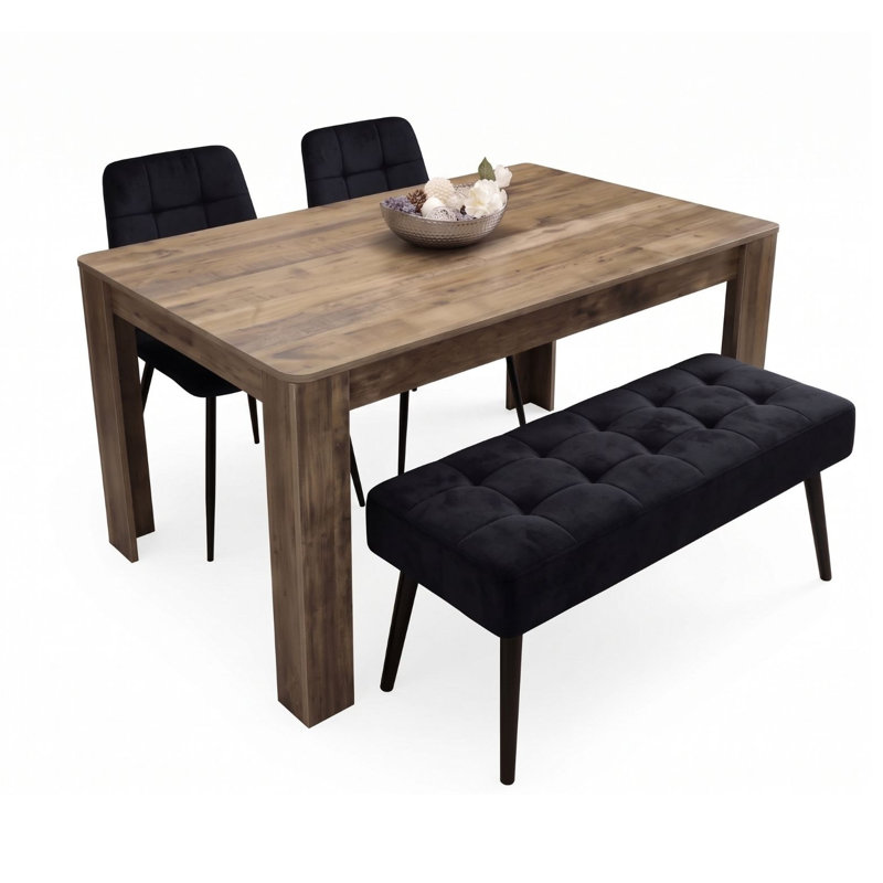 Modern Rustic Dining Table Set with 2 Black Velvet Chairs and Black Velvet Bench 4 Seater