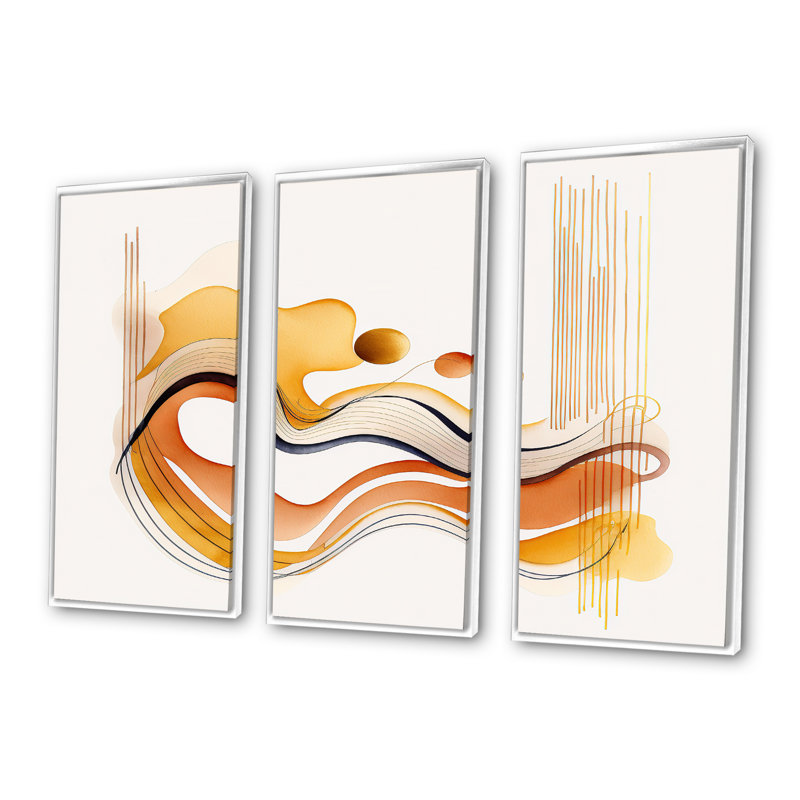 Dhatri " Burnt Orange Waves Abstract III " 3 - Pieces, 28" H x 36" W x 1" D, White Framed