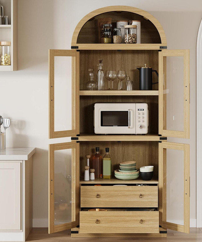 71.7 Inch Tall Arched Bookcase, Glass Door Arched Cabinet with 2 Inner Drawers, Freestanding Arched Display Storage Cabinet with Anti-Tipping Device for Living Room, Bedroom, Black