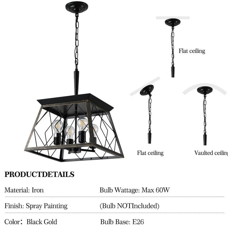 4- Vintage Golden Black - Antique Fixture For Kitchen Dining Room Living Adjustable Chain With, Black