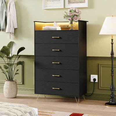 Commode à DEL avec station de charge et synchro musicale, grande armoire de rangement à 5 tiroirs pour la chambre à coucher et le salon