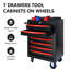 Armoire à outils 7 roulettes en métal - glissières à roulement, verrouillables, rangement noir et rouge de 20 po avec 7 tiroirs
