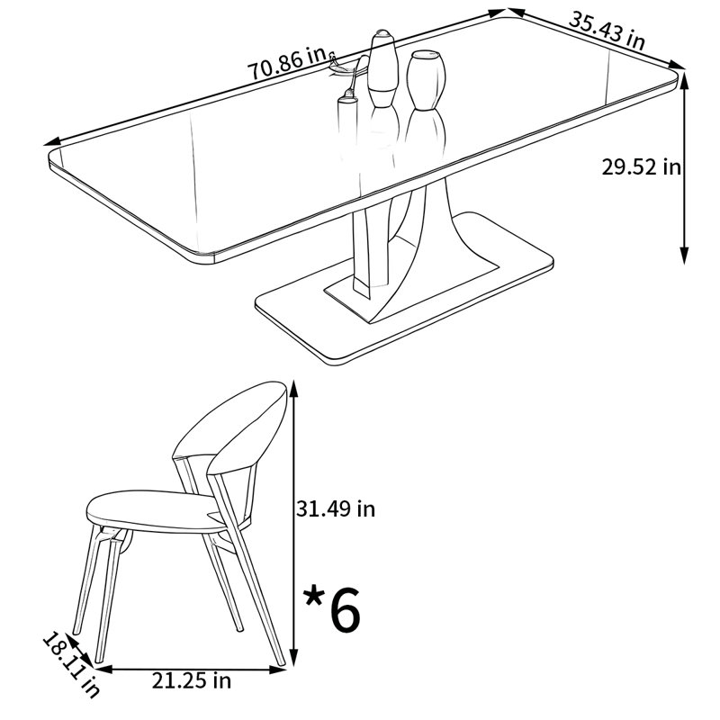 Ensemble de table de salle à manger rectangulaire et chaises, H 29,52 po x L 70,86 po x l 35,43 po