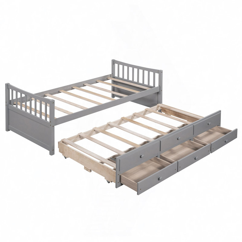 Ajavian Three Drawers Wooden Daybed with Trundle, Gray, Twin