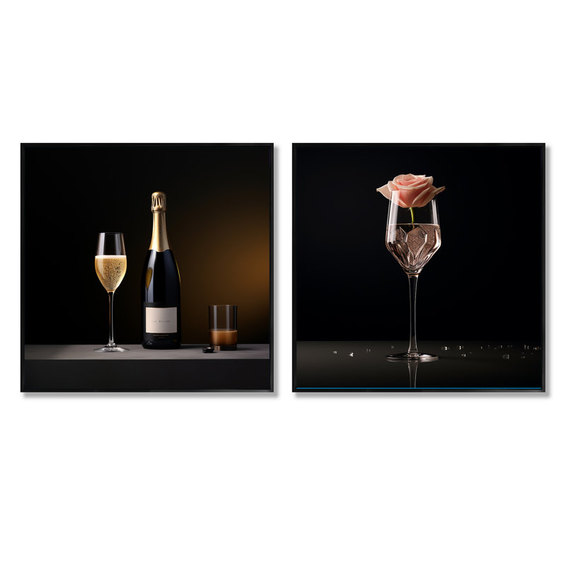 Champagne Solitude Charm - ensemble de 2 collages carrés champagne, Cadre flottant noir, H 16 po x l 33 po