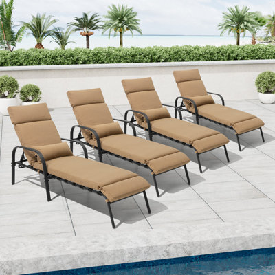 Chaise longue inclinable d'extérieur en métal avec coussins et coussins de dossier (ensemble de 4)