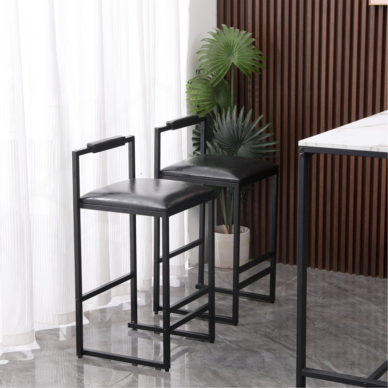 Ensemble de 2 tabourets de bar noirs avec dossier et 2 fauteuils rembourrés en cuir de polyuréthane