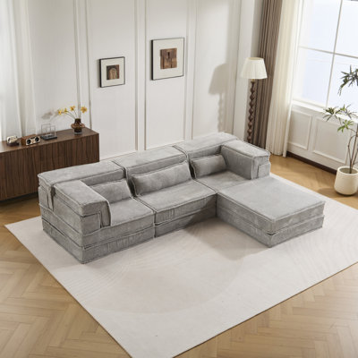 Canapé à compression, canapé convertible au sol, canapé modulaire désossé bricolage, aucun assemblage requis, tissu polaire circulaire, surdimensionné à 3 places avec 1 repose-pieds, gris clair