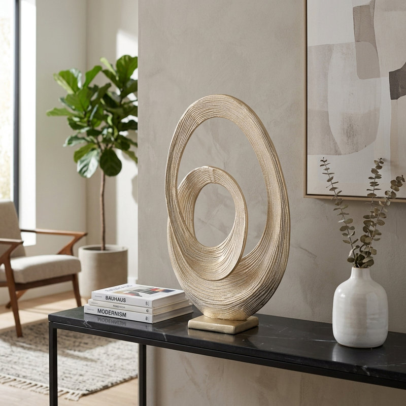 Modern Abstract Metal Ring Sculpture for Tabletop Home Decor - Decorative Oval Accent for Living Room or Office Decoration - 20", Gold & Metallic