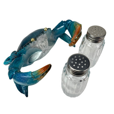 Coastal resin blue crab salt and pepper shaker set with glass shakers, 6.25 inches wide