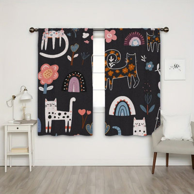 2Pcs Cartoon Cat Pattern Curtains, Black Background Rainbow Flower Print, Rod Pocket Window Drapes, Bohemian Style, Living Room Bedroom Study Decor