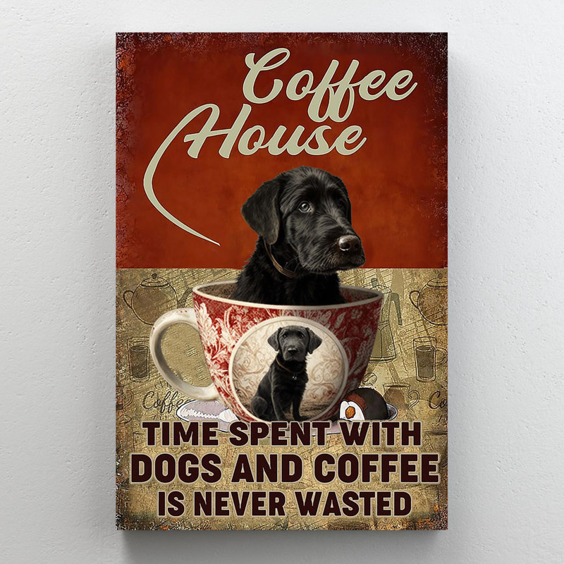 «Coffee House», chien noir sur toile, H 36 po x l 24 po x P 1,25 po