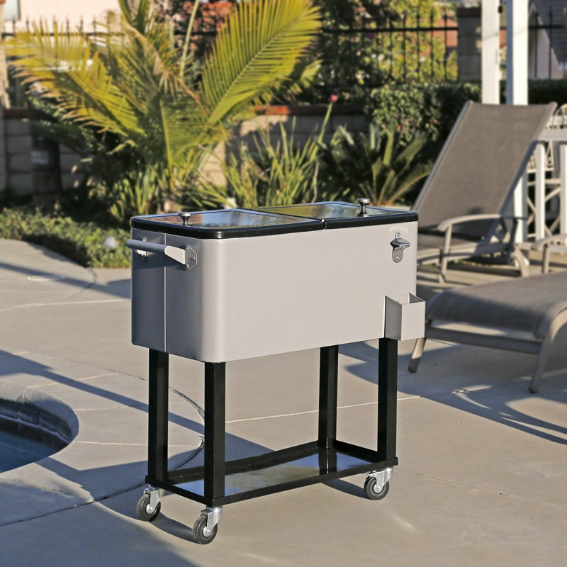Gray 80 Quart Rolling Steel Cooler with Wheels and Shelf