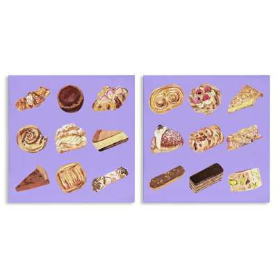 Ensemble de 2 pièces de pâtisseries variées sur fond mauve, design par Melissa Wang