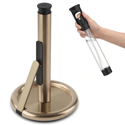Paper Towel Holder with Spray Bottle, Countertop Freestanding Paper Towel Dispenser with Spring-Loaded Tension Arm for One-Handed Tear, Weighted Non-Slip Base, Stainless Steel for Kitchen,Gold