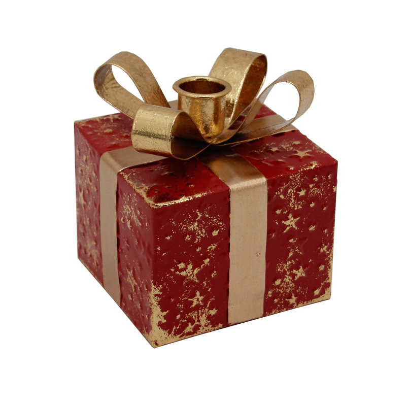 4.5" Red Metal Gift Box Christmas Taper Candle Holder