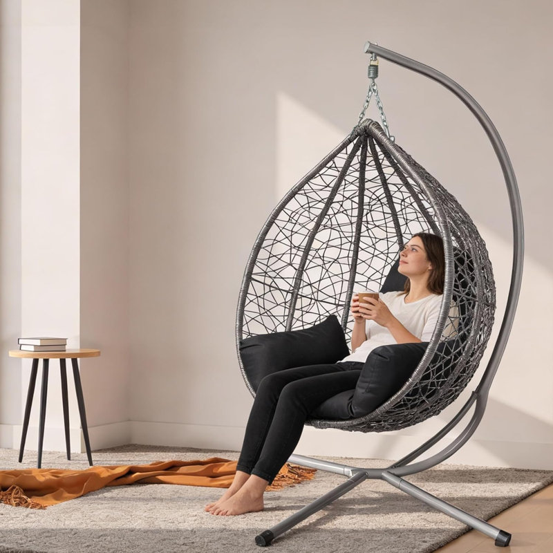 Garden Swing Egg Chair Seat Rattan Hanging Hammock With Cushions, Grey, Black