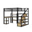 Lit mezzanine double en métal avec escalier, bureau et tablettes