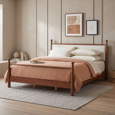 Wood Platform Bed Frame with Upholstered Headboard