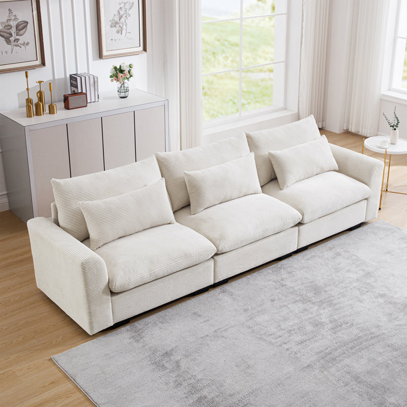 Canapés de salon profond avec 3 coussins de taille, Beige, H 34,73 po x l 121,92 po x P 33,72 po