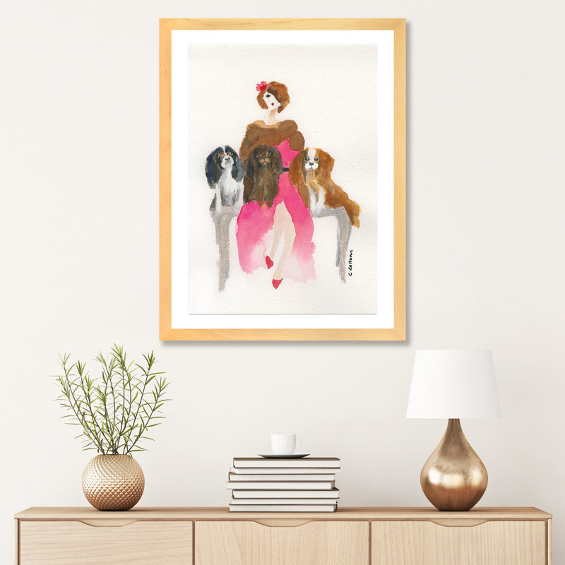 «Cavalier Lady in Pink» par Connie Collum, reproduction d'art, Papier encadré de bois naturel, H 32 po x l 24 po x P 1 po