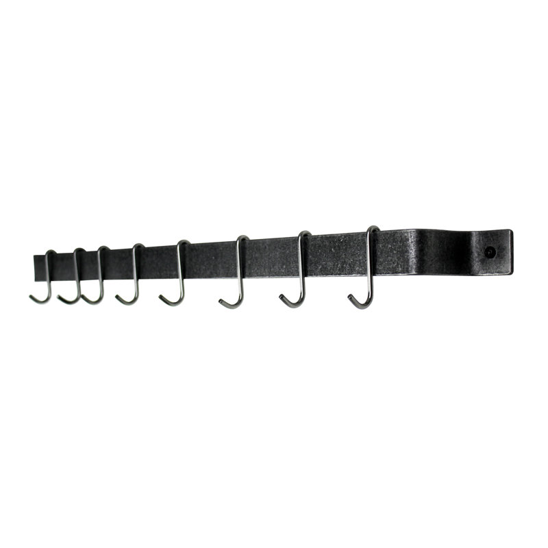 Handcrafted Easy Mount Wall Rack with 6 Hooks, 3" H x 36" W x 3" D, Hammered Steel