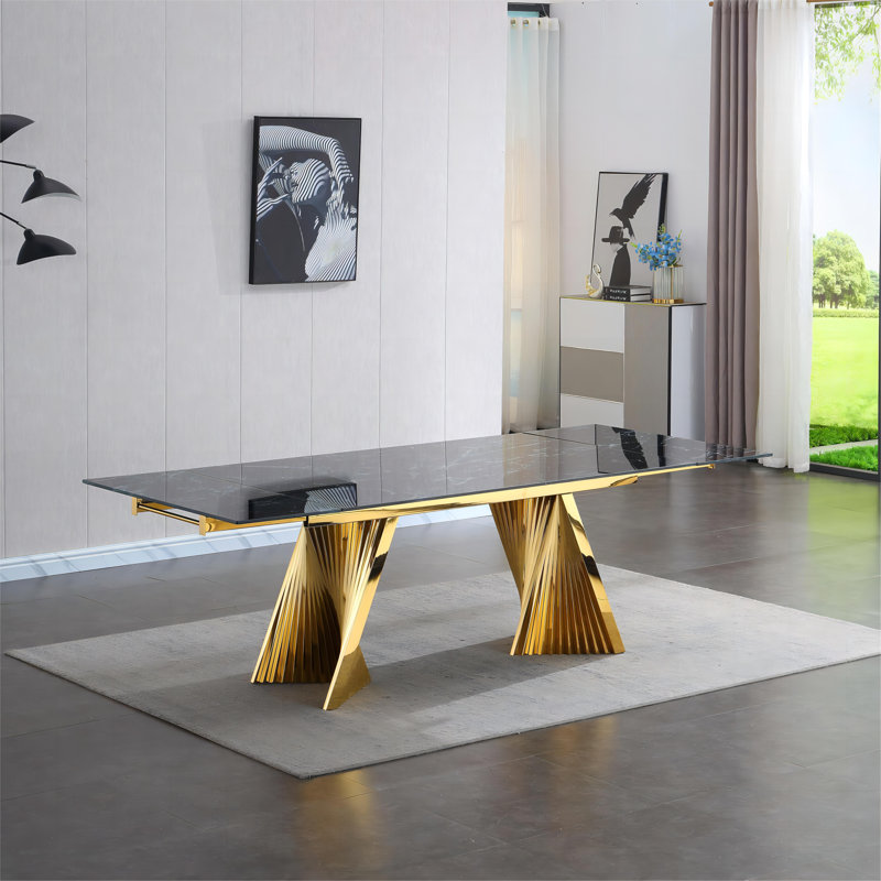 Table de salle à manger en verre pour 6 à 8 personnes Moorehead, Noir, Doré