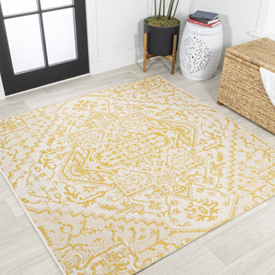 Truman Bohemian Medallion Textured Weave Cream/Yellow Indoor/Outdoor Rug