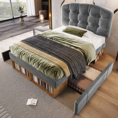 Estella Beige Velvet Upholstered 5Ft King Bed With Storage Compartments And Drawers With Adjustable Headboard,150 X 200 Cm (No Mattress)