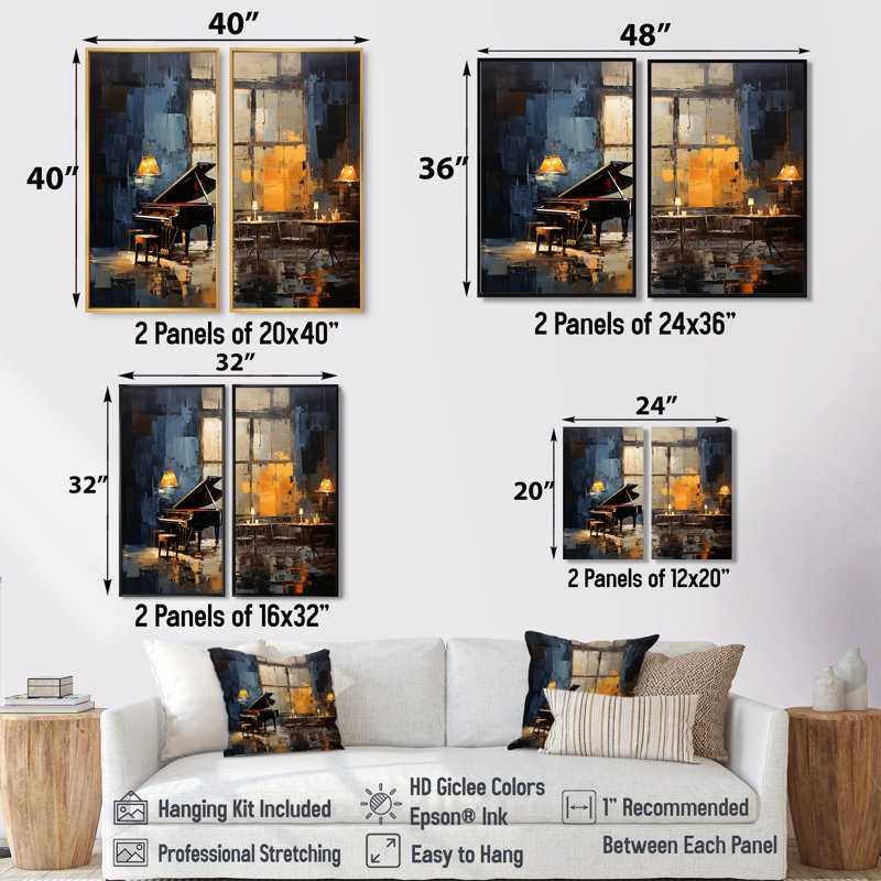 Jaune et gris, piano à queue, jazz, café, IV, musique, piano, art mural, 2 pièces, 36" H x 48" W, Black