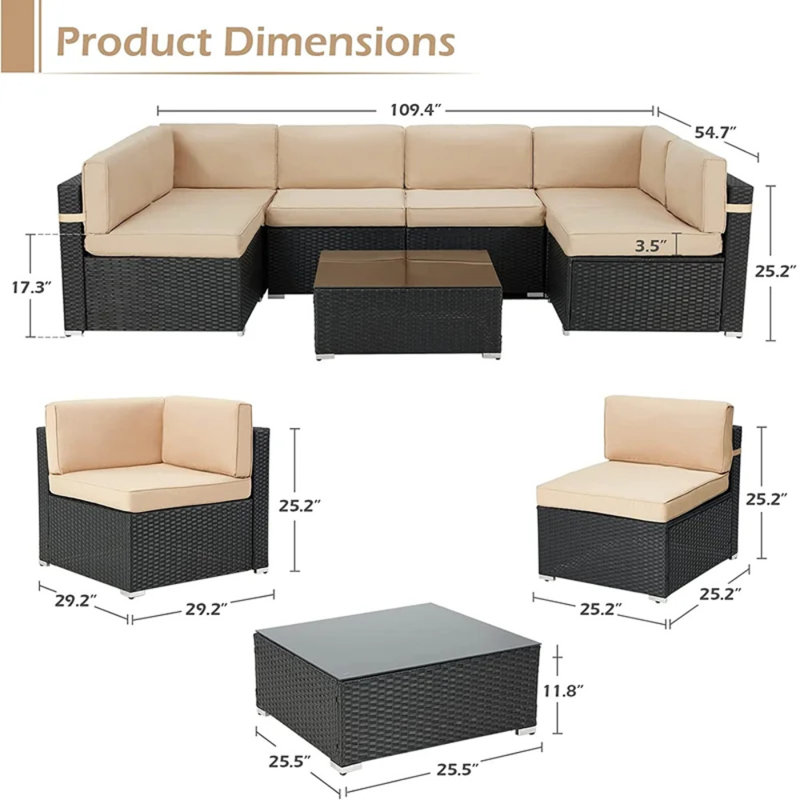Ensemble de conversation modulaire en rotin 7 pièces avec foyer, Beige, Noir, noir, noir, noir