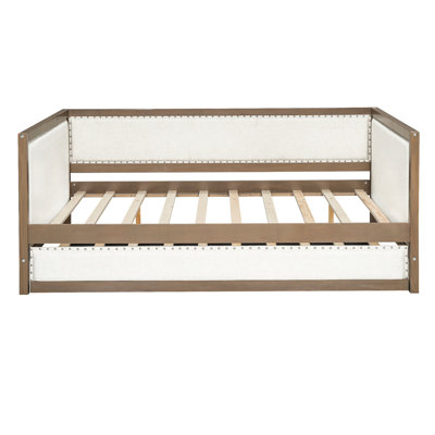 Lit de jour rembourré pleine grandeur avec lit gigogne, structure en bois, revêtement en lin, aucun sommier requis, structure robuste et housse pratique