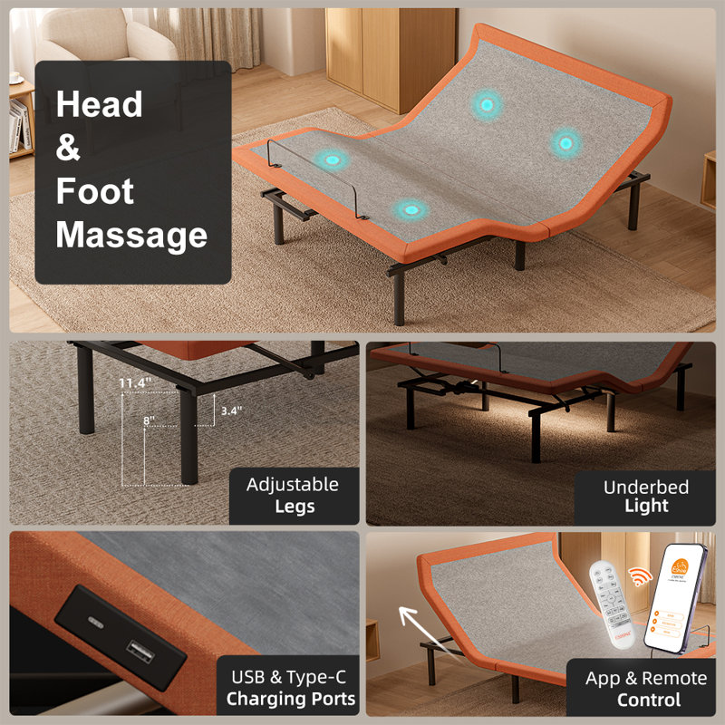 Split King Adjustable Bed with Pillow Tilt, 12 Inch Hybrid Mattress, Dual Massage & Wireless Remote, App Control, Underbed Light, USB & Type C Ports on both sides