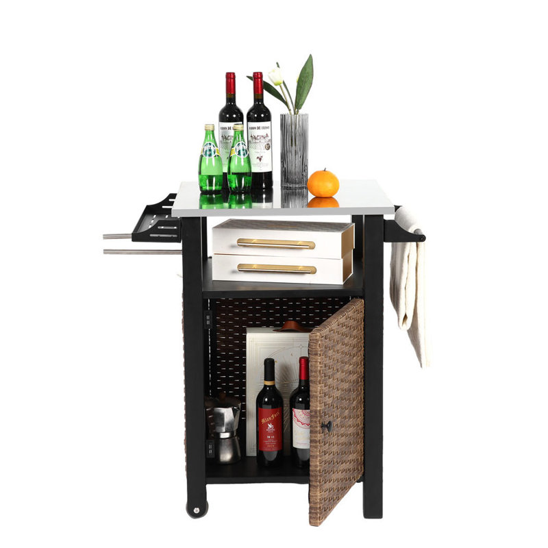 Single Door Rolling Wicker Bar Cart With Stainless Steel Top And Storage