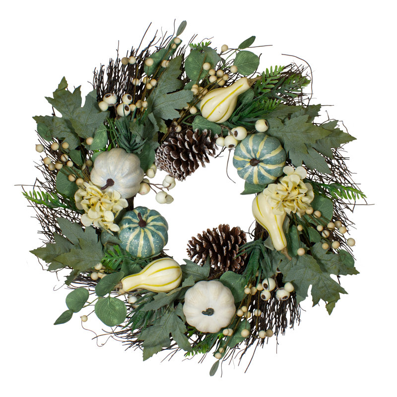 Couronne de récolte artificielle verte et blanche avec baies d'automne non éclairée 22 po