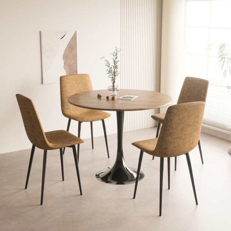 Table de salon ronde 31,5 "de couleur noyer Mid-Century avec surface et base noire, confortable pour 2 à 4 personnes dans un bureau de patio