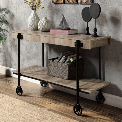 Transitional Industrial Furniture With Natural Tone, Slatted Design And Open Bottom Console Table Replicated Wood Shelves In Tone