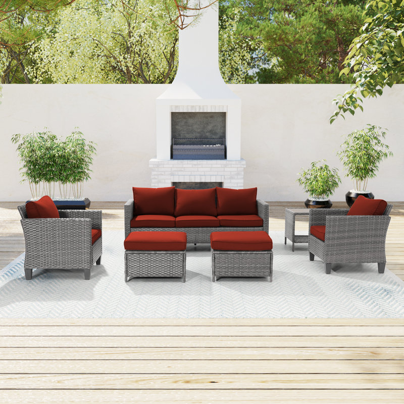 Jonson Wicker 5 - Person Patio Conversation Set with Cushions, Gray, Brick Red