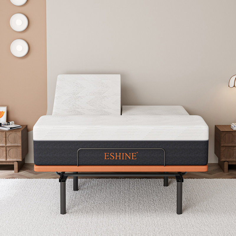 Split Top Queen Adjustable Bed Frame With 14'' Medium Plush Memory Foam Mattress, USB & Type C Ports, Massaging, Wireless Remote & App Control, E3000 Sunset Orange