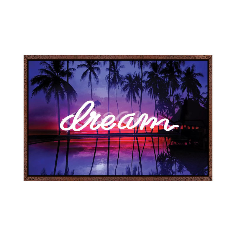 Neon Dream Beach Pink on Black 1 Piece Wall Art on Canvas, 66.04 cm H x 45.72 cm W, Classic Brown Wood Framed