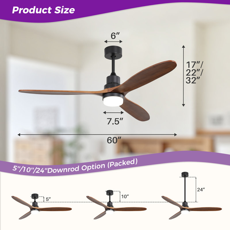 Nicola 60" 3-Blade Black Ceiling Fan With Led Light and Remote Control