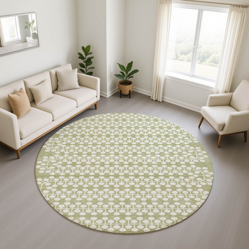 Premium Machine Washable Mayfield AMF2247 Geometric Rug, Aloe, 8' Round