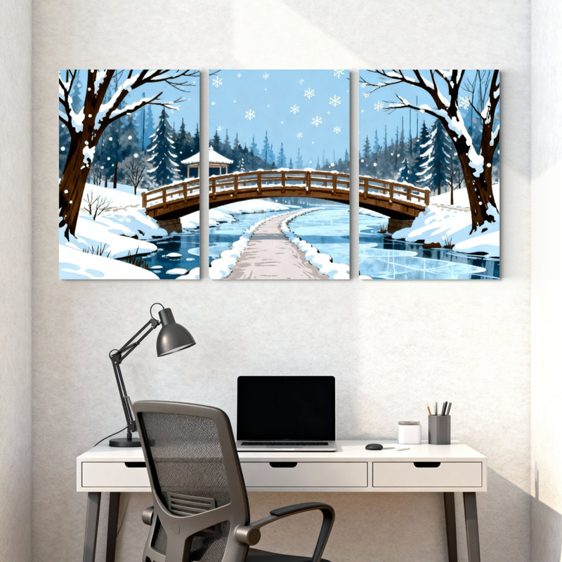 Hiver, forêt, pont d'hiver, flocon de neige, scène de forêt, ensemble de 3 impressions sur toile, H 30 po x l 60 po